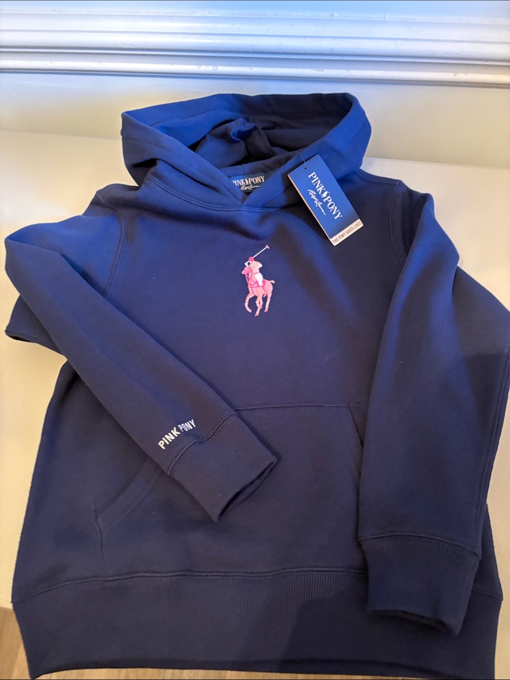 Girls' Navy Hoodie with Pink Logo